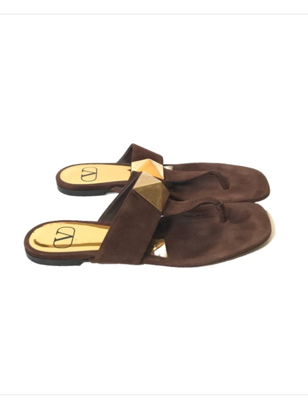 Valentino Garavani One Stud Flat Thong Sandals Womens 39.5 9 Brown Suede Gold - Picture 10 of 11